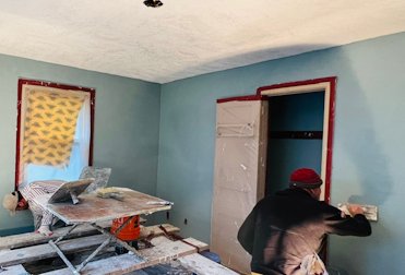 A view of plaster land showing our scaffold, mortar board, etc.