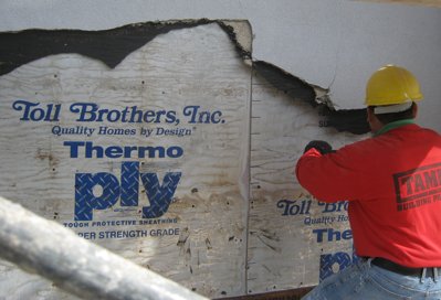 Metal
                lath nailed to cardboard on this Toll Brothers house in
                Vienna, Virginia