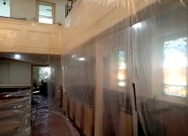 Everything is covered real good with plastic and dropcloths.