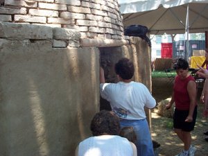 woman
              applys stucco to an adobe building