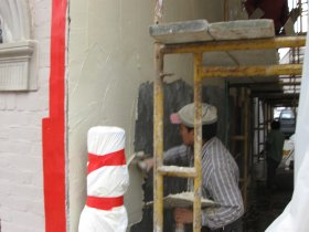 Natural color finish coat is made from white portland cement, lime,
and yellow masonry sand